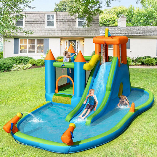 Inflatable Water Slide Kids Bounce House Splash Water Pool with 735W Blower-1