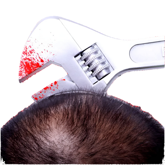 Hair removal tool with red liquid on a white background