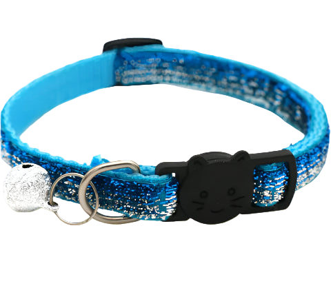 Blue glittery cat collar with a black cat-shaped buckle on a white background