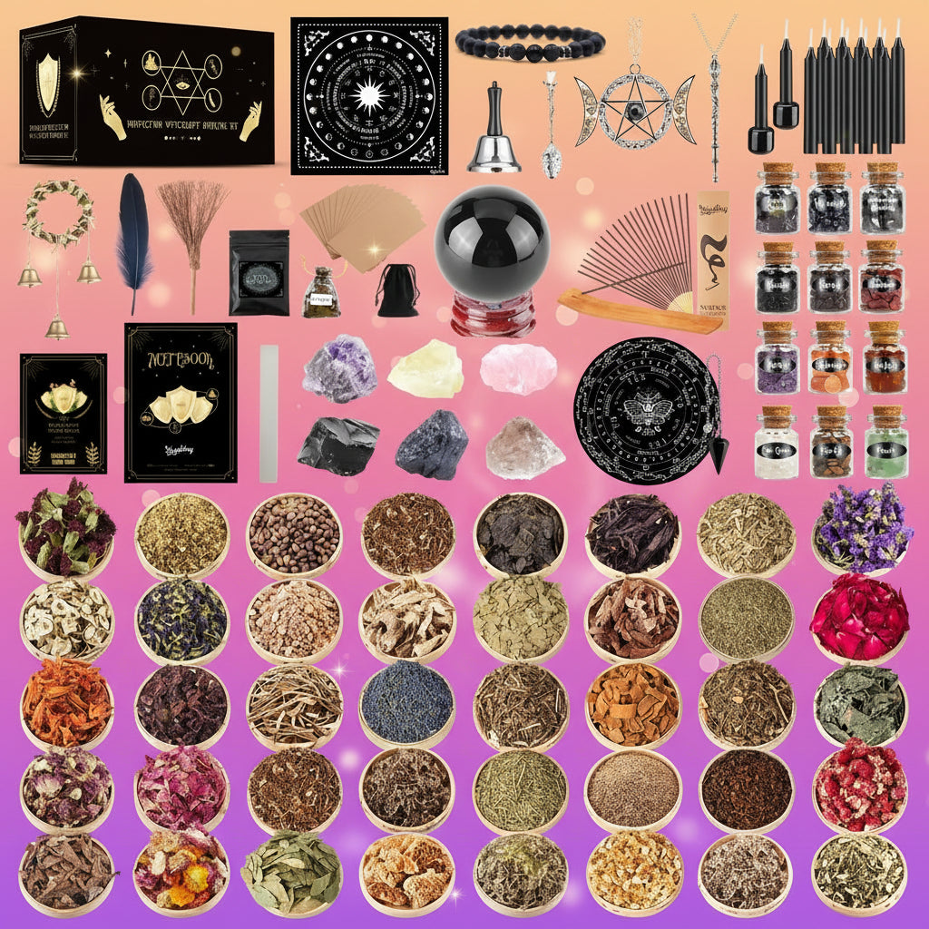 Collection of various items including crystals, herbs, and books on a white background