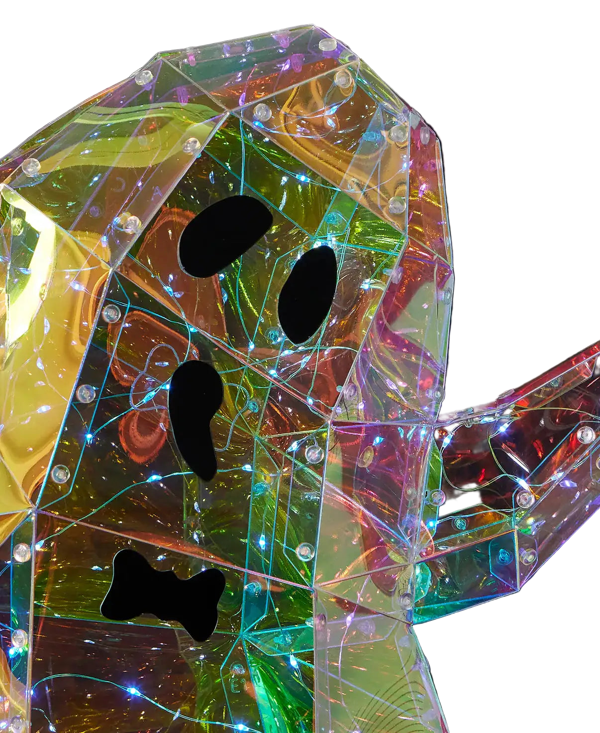 Multicolored, iridescent ghost-shaped object with black voids on a black background