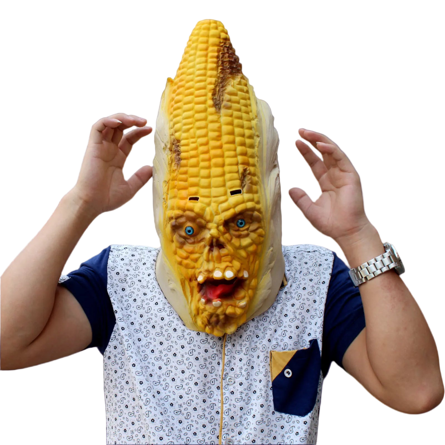 Person wearing a corn mask with a face design on a white background