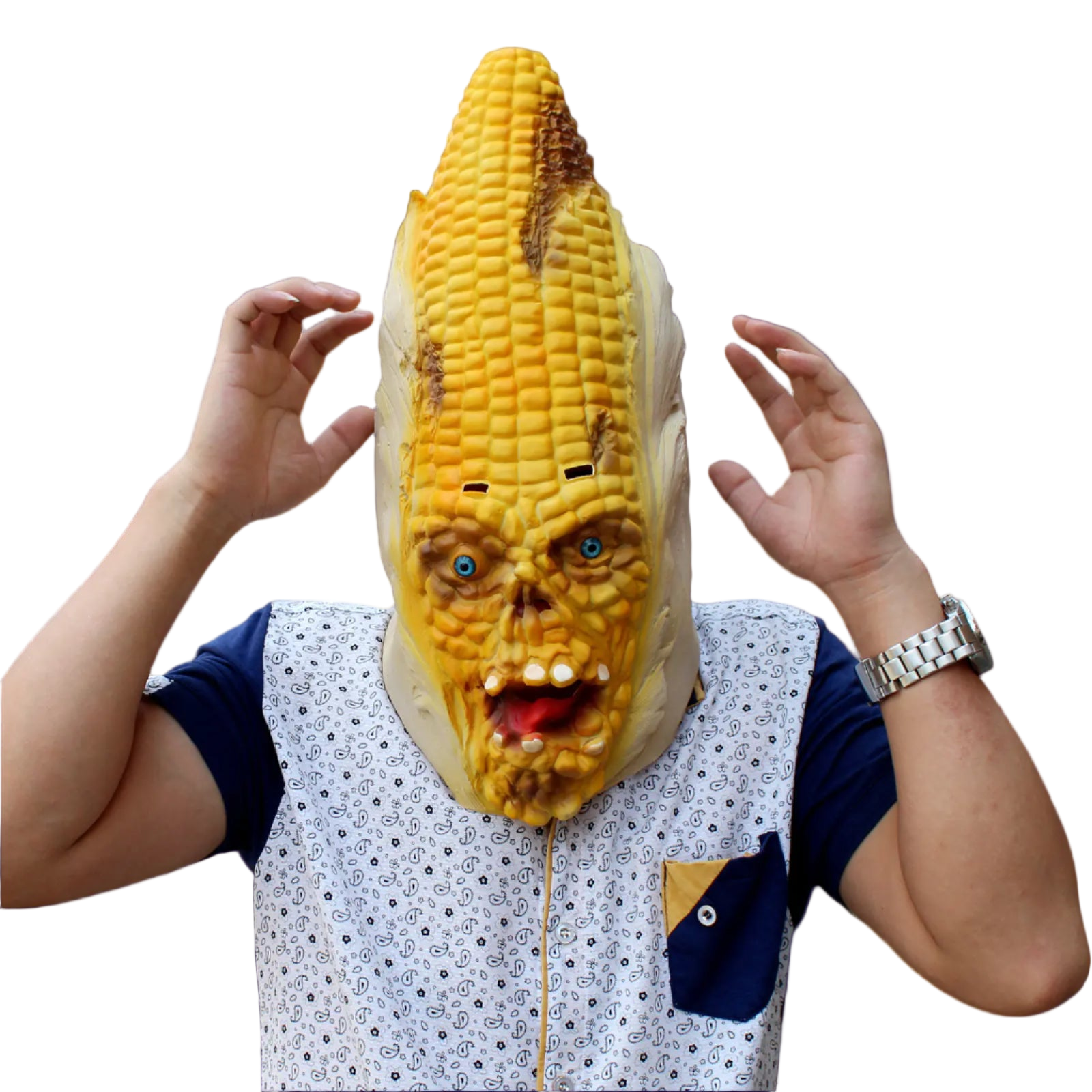 Person wearing a corn mask with a face design on a white background