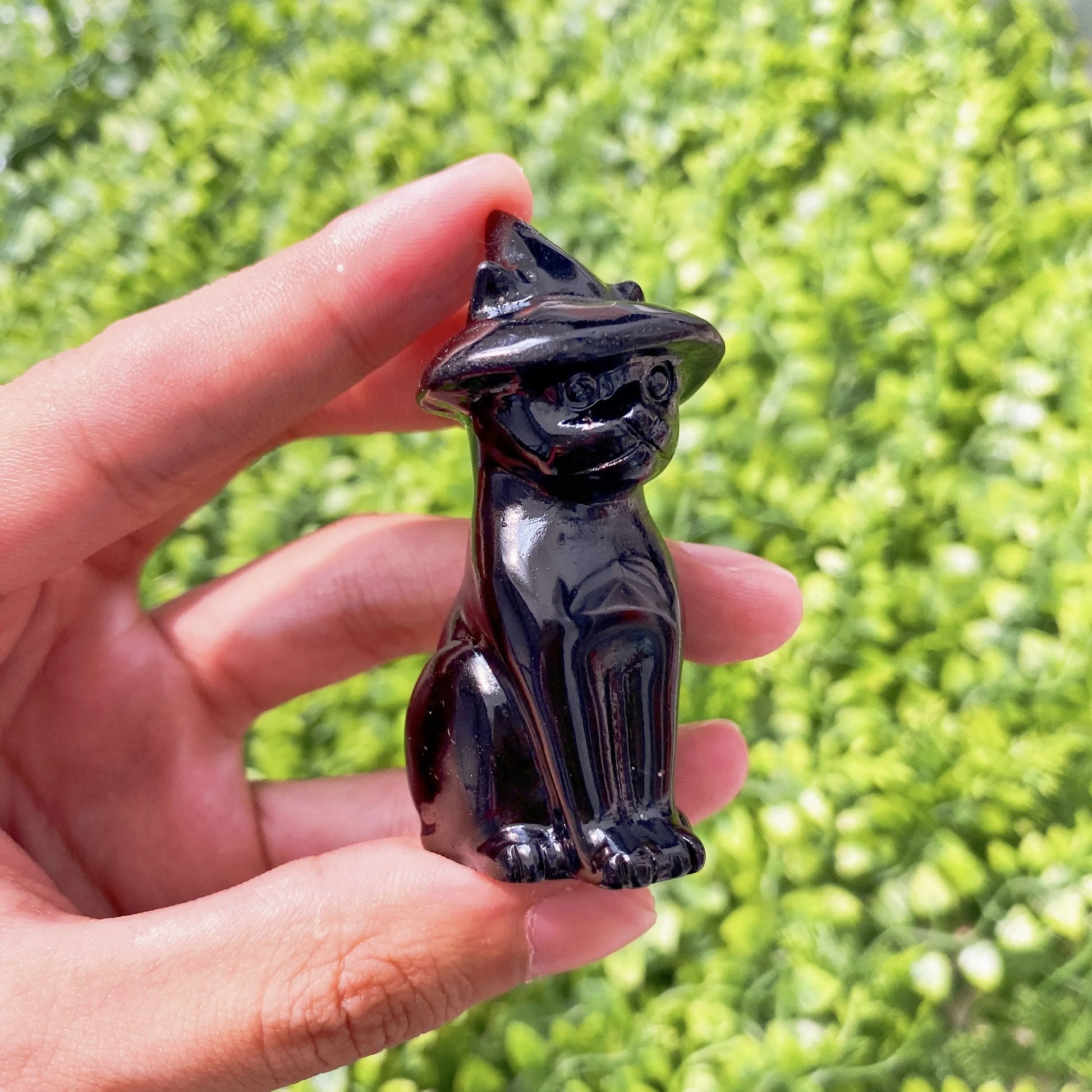 Hand holding a black cat-shaped object against a green blurred background