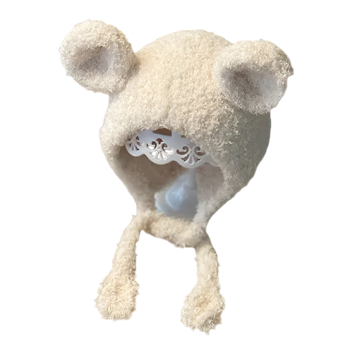 White fuzzy animal-like creature with a decorative bow on a white background