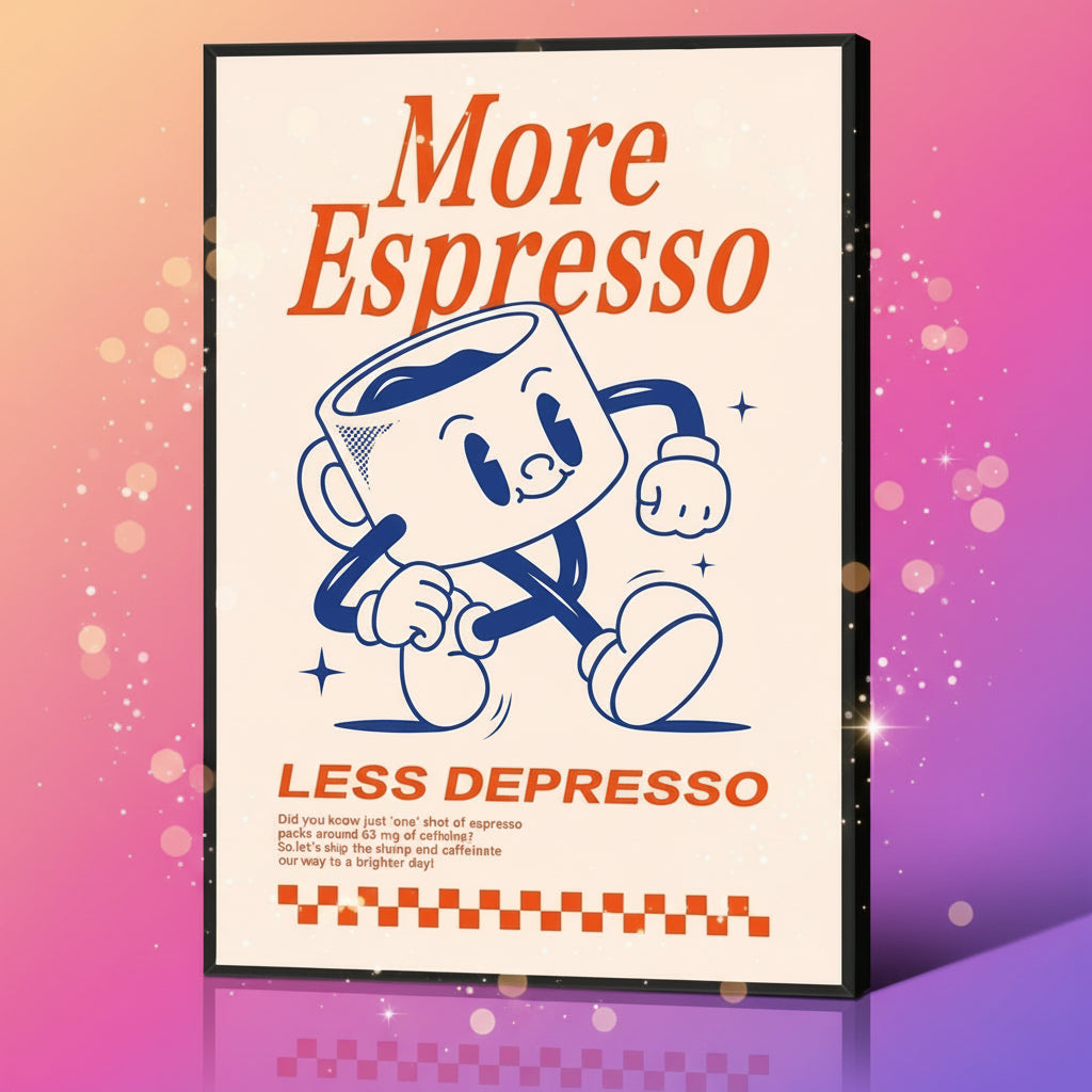 Poster with cartoon coffee cup character and text 'More Espresso, Less Depresso' on a beige background.