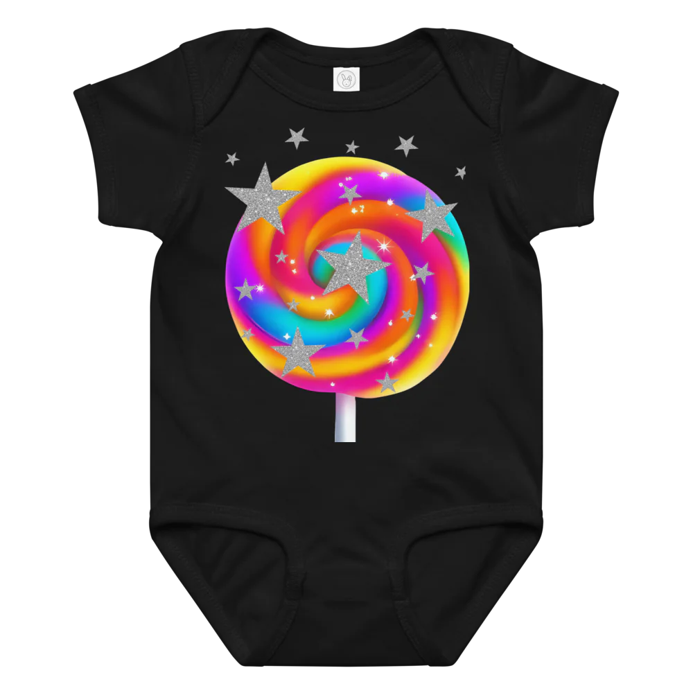 Black baby onesie with a colorful lollipop design on a white background