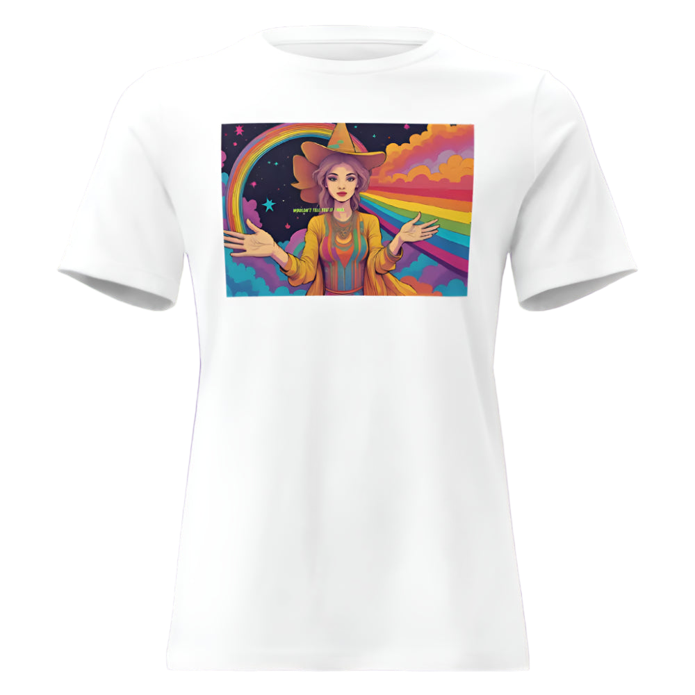 White t-shirt with a colorful graphic of a person with animal ears and a rainbow background.
