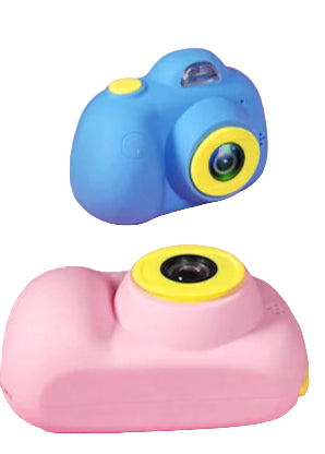 Three colorful toy cameras on a pink background with shells and a magazine.