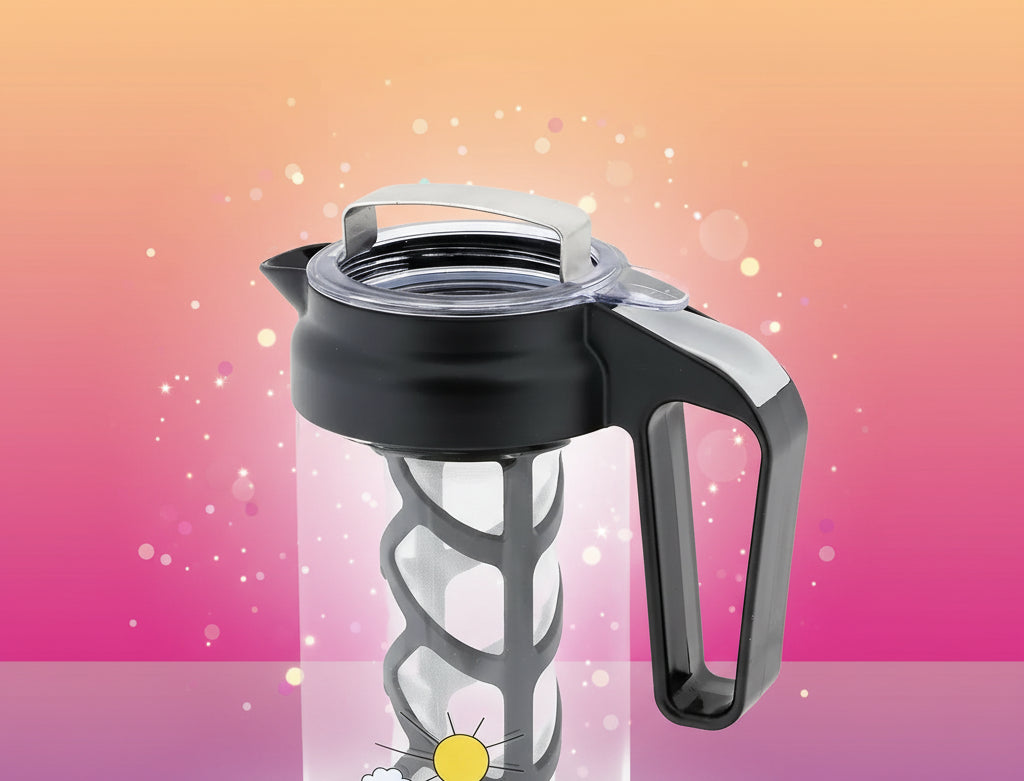 Black and clear pitcher with handle on a white background