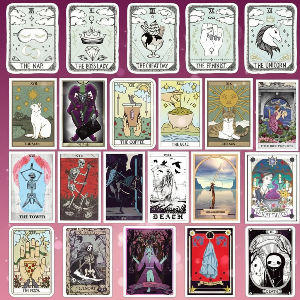 Collection of tarot cards with various designs and titles.
