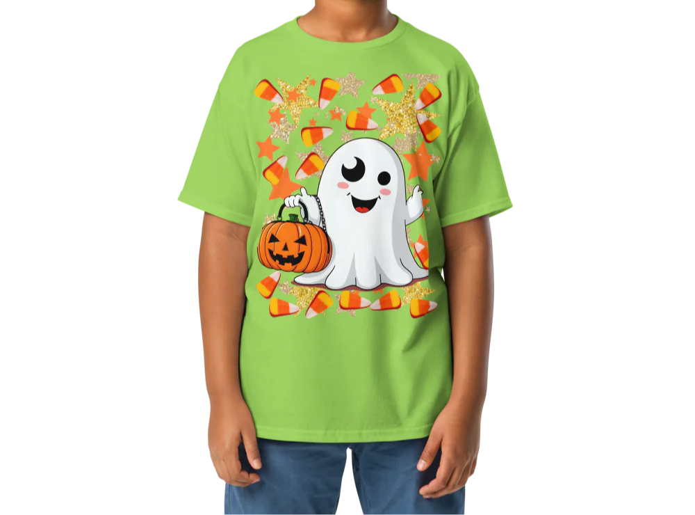 Child wearing a green Halloween-themed t-shirt with a ghost and pumpkin design on a white background