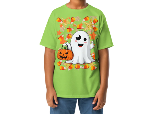 Child wearing a green Halloween-themed t-shirt with a ghost and pumpkin design on a white background