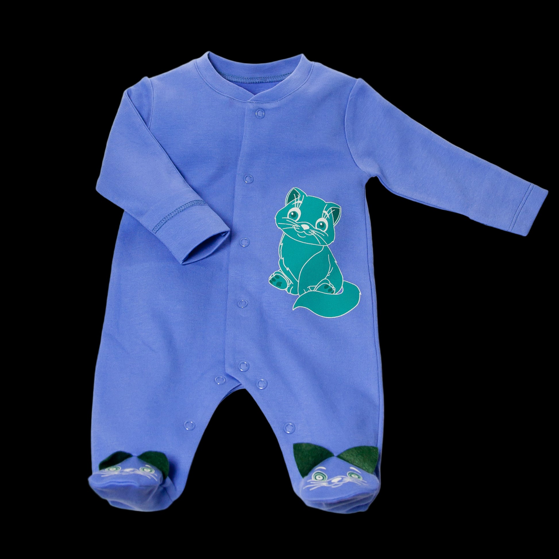 Blue baby onesie with green fox design on a white background