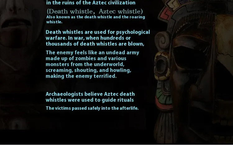 Aztec civilization whistle with historical text on a dark background