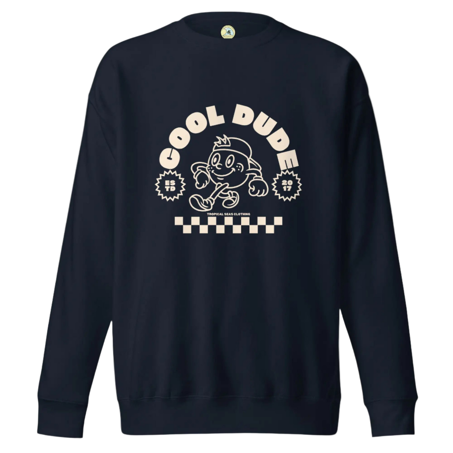 Navy blue sweatshirt with 'Cool Dude' graphic design on a white background