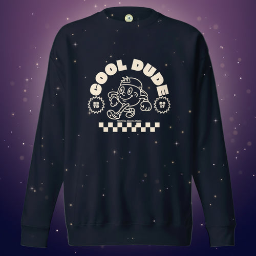 Navy blue sweatshirt with 'Cool Dude' graphic design on a white background