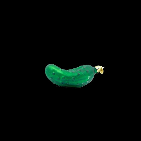 Green pickle-shaped ornament with a gold top on a white background