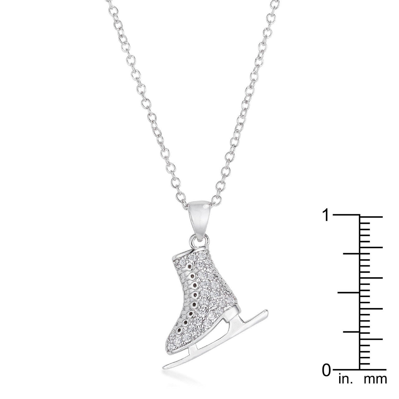 Silver ice skate pendant necklace with chain on a white background