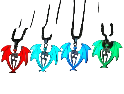 Set of four glowing bat-shaped necklaces on a dark background