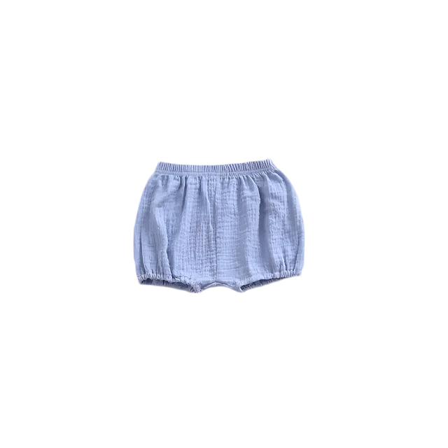 Blue checkered baby bloomers on a light gray background