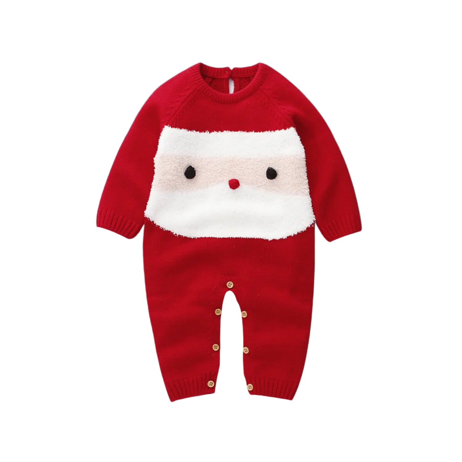 Red baby romper with Santa face design on a white background