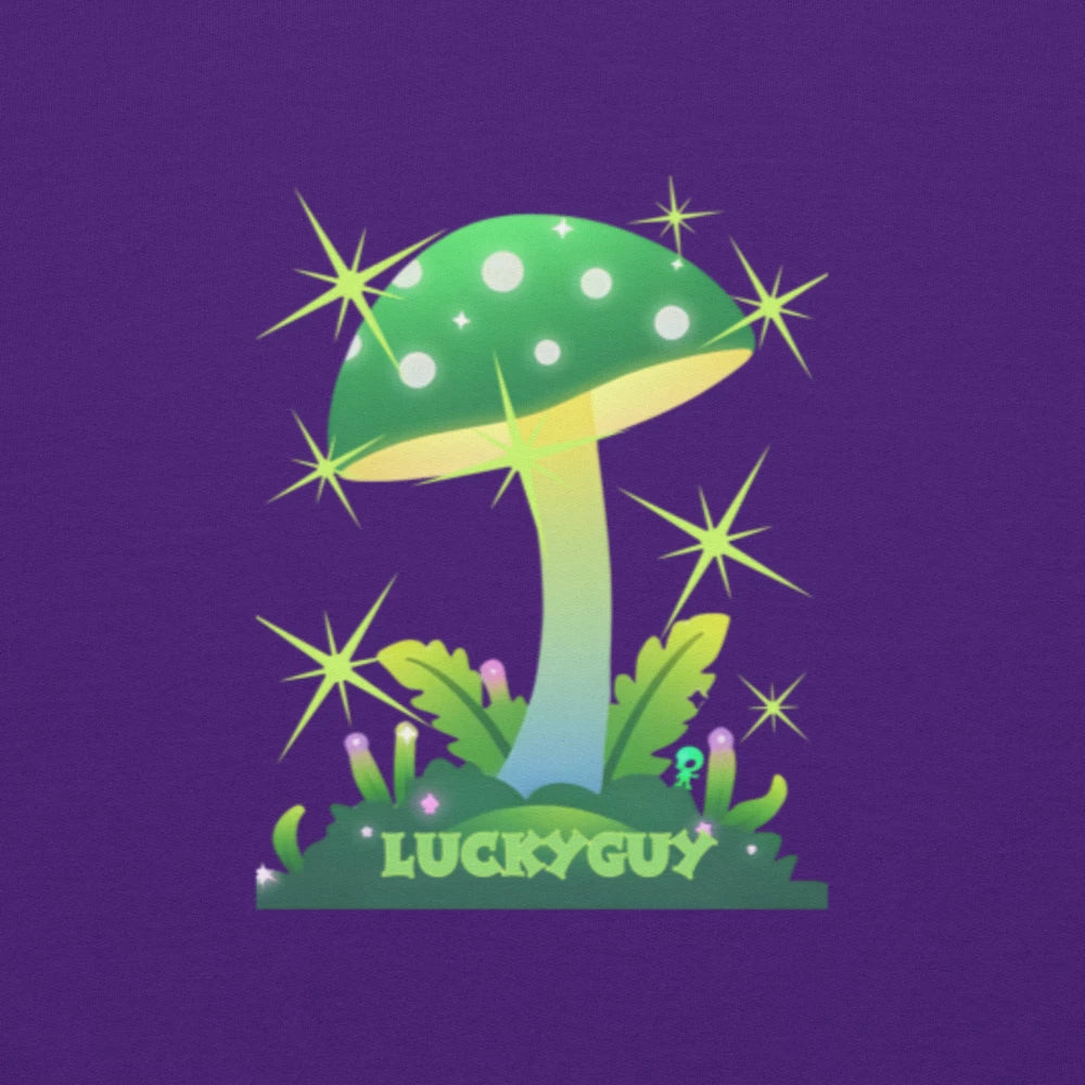 Green mushroom with polka dot cap on a purple background, featuring the brand 'LUCKYGUY'.