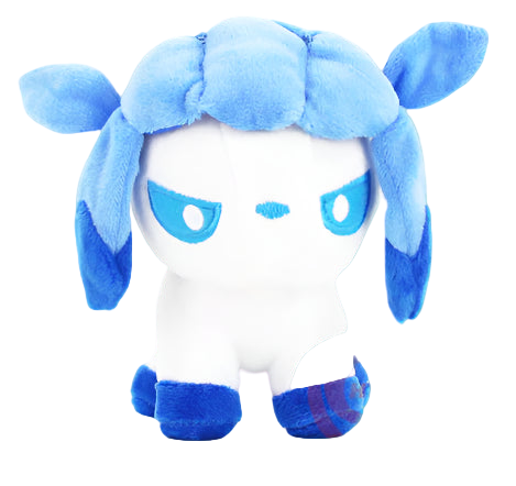 Plush toy with blue hair and white face on a white background