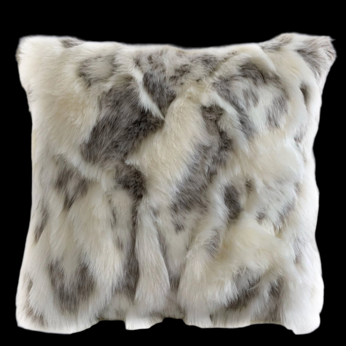 Fur-patterned pillow with a mix of white, gray, and black on a white background