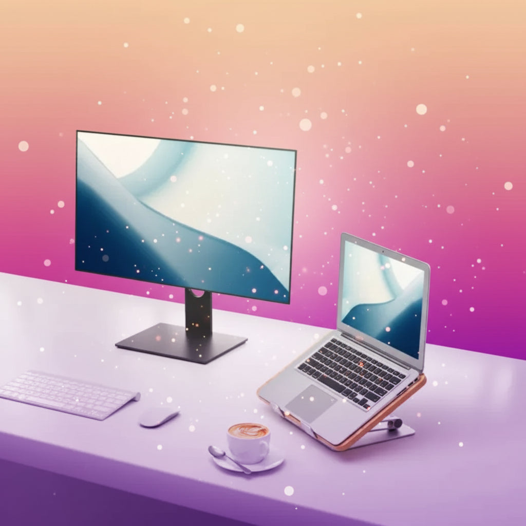 Modern office setup with dual monitors, laptop, keyboard, and a cup of coffee on a desk.