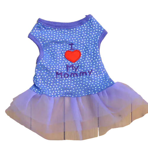 Blue pet dress with purple polka dots and red heart on a wooden background