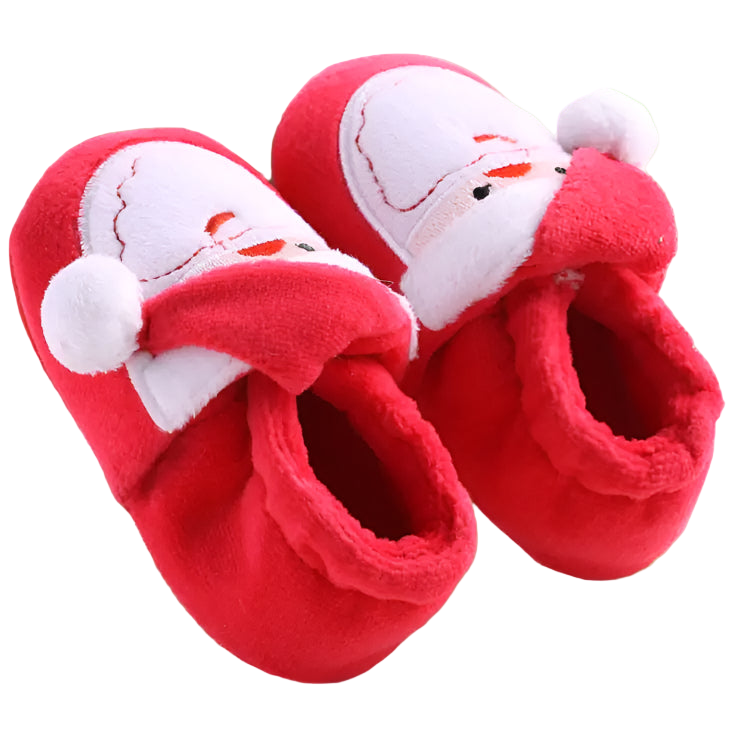 Red slippers with snowman design on a light background