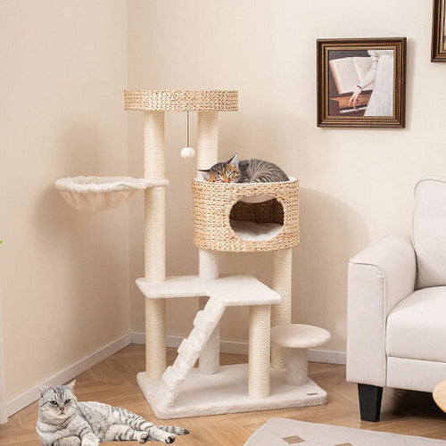 Modern Cat Tree for Indoor Cats with Cattail Fluff Condo and Top Perch-Natural-0