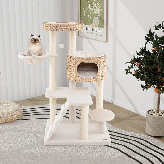 Modern Cat Tree for Indoor Cats with Cattail Fluff Condo and Top Perch-Natural-1