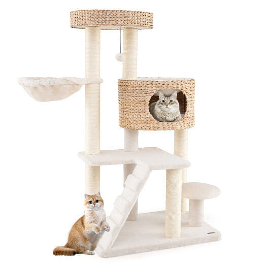 Modern Cat Tree for Indoor Cats with Cattail Fluff Condo and Top Perch-Natural-4