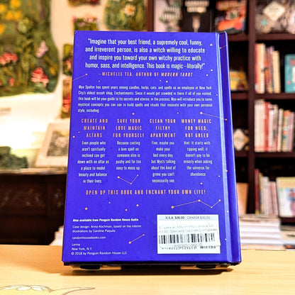 Back cover of a book with text and design elements on a blurred background