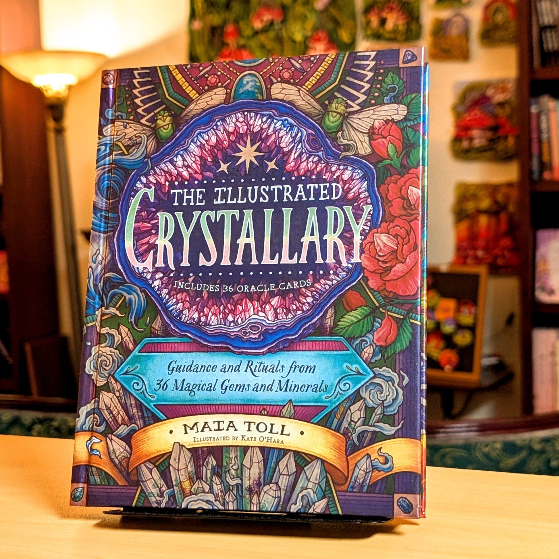 Colorful book titled 'The Illustrated Crystallary' on a wooden surface with a blurred background.