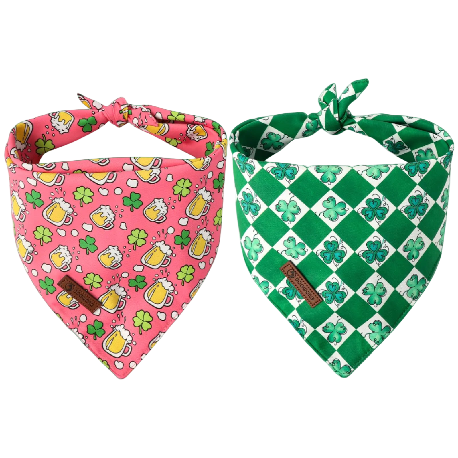 Two dog bandanas, one pink with beer and shamrock pattern, the other green checkered, on a white background.