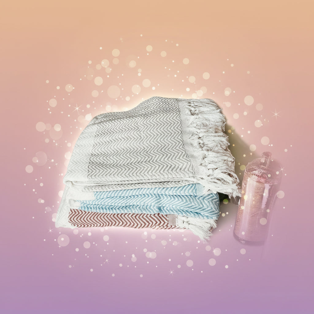 Stack of patterned towels on a marble surface with a metallic container.