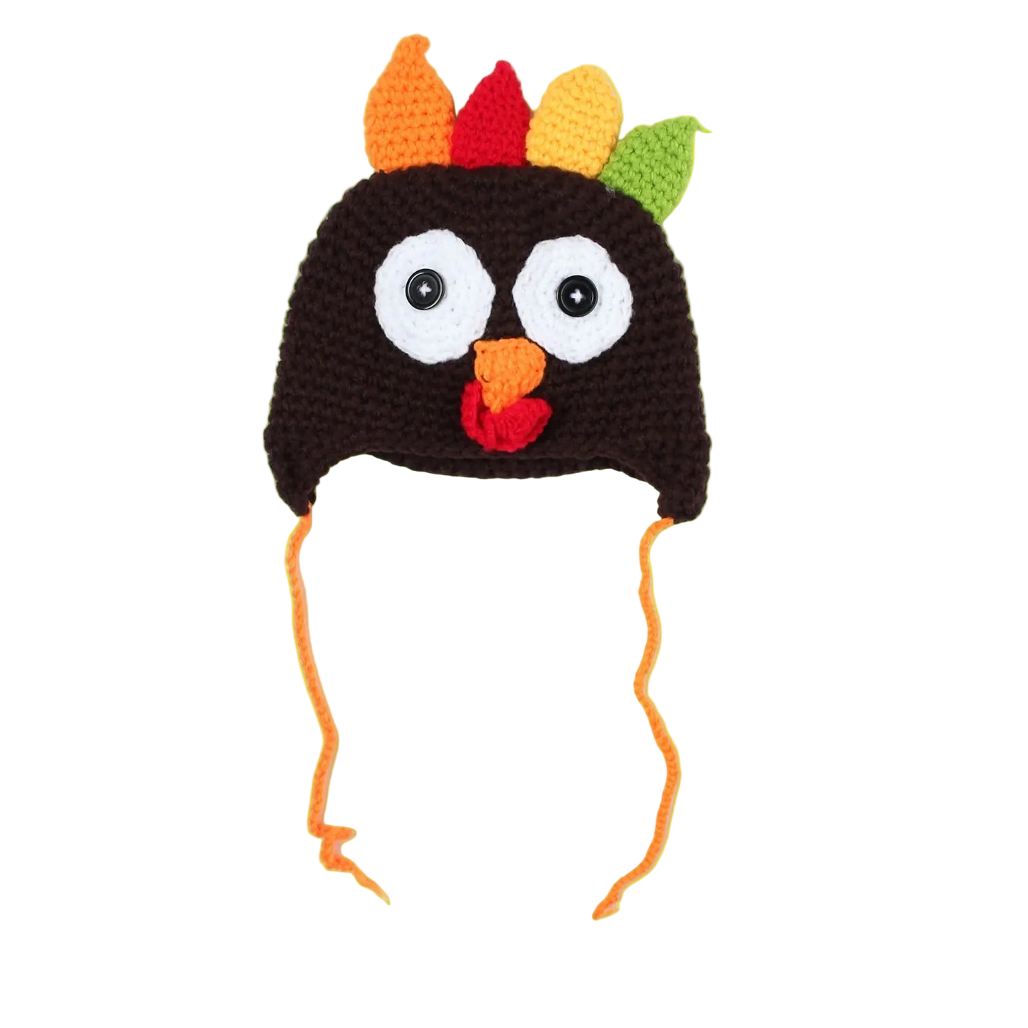 Crocheted turkey hat with colorful feathers on a white background