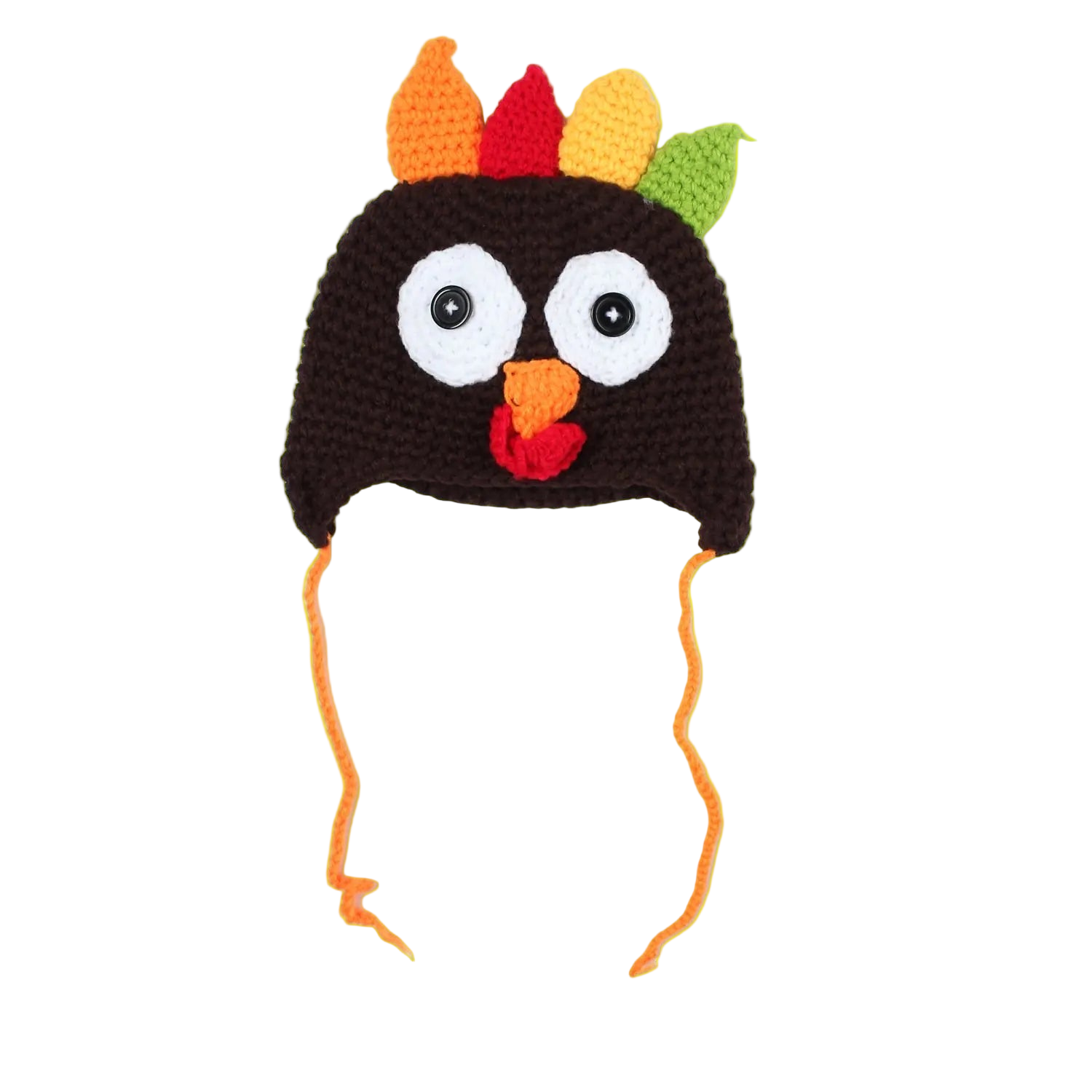 Crocheted turkey hat with colorful feathers on a white background