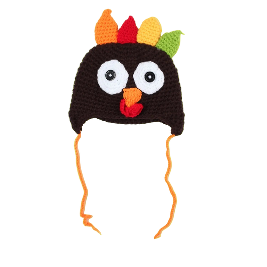 Crocheted turkey hat with colorful feathers on a white background