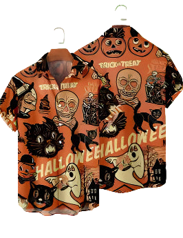 Halloween-themed shirt with various graphics on an orange background
