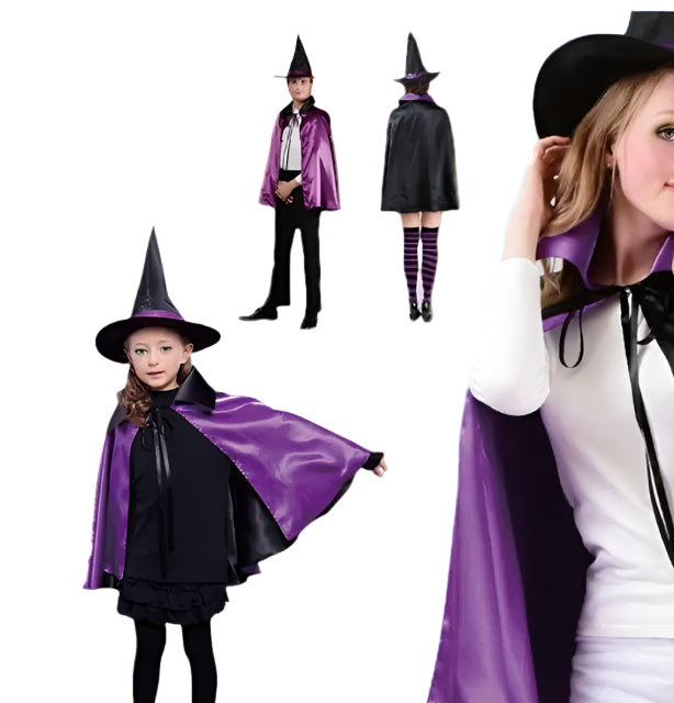 Witch costume with black and purple cape worn by a model on a white background