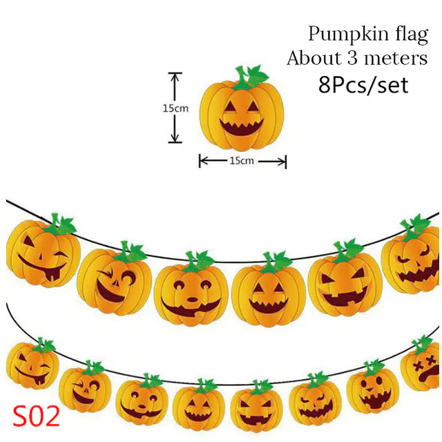 Pumpkin-themed decorative flag set with measurements on a white background