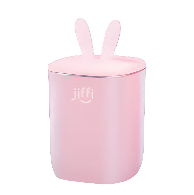 Pink jar with bunny ears lid on a white background