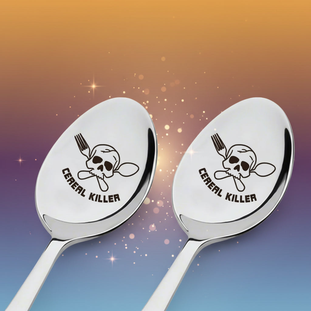 Two silver spoons with 'Cereal Killer' design on a white background