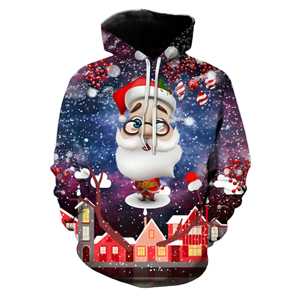 Hoodie with Santa Claus design on a snowy village background