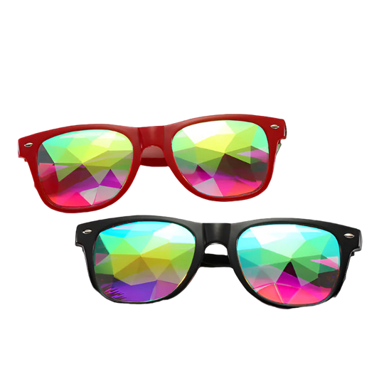 Two pairs of sunglasses with colorful reflective lenses on a white surface with green leaves.