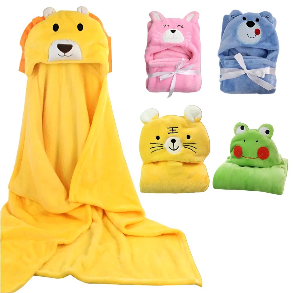 Set of colorful hooded towels shaped like animals on a white background